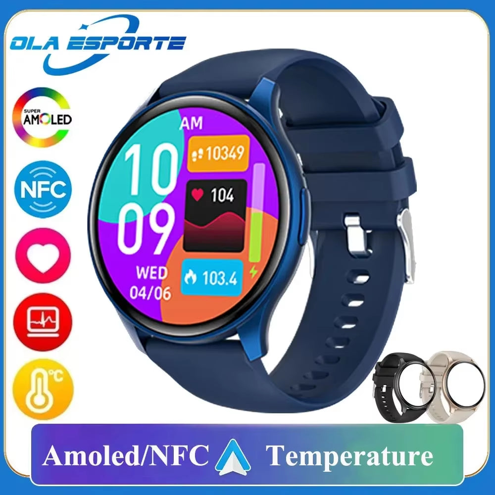 New NFC AMOLED Smartwatch Men Women Thermometer BT Wireless Call Voice Assistant GPS Sports Fitness Smartwatch for Android IOS