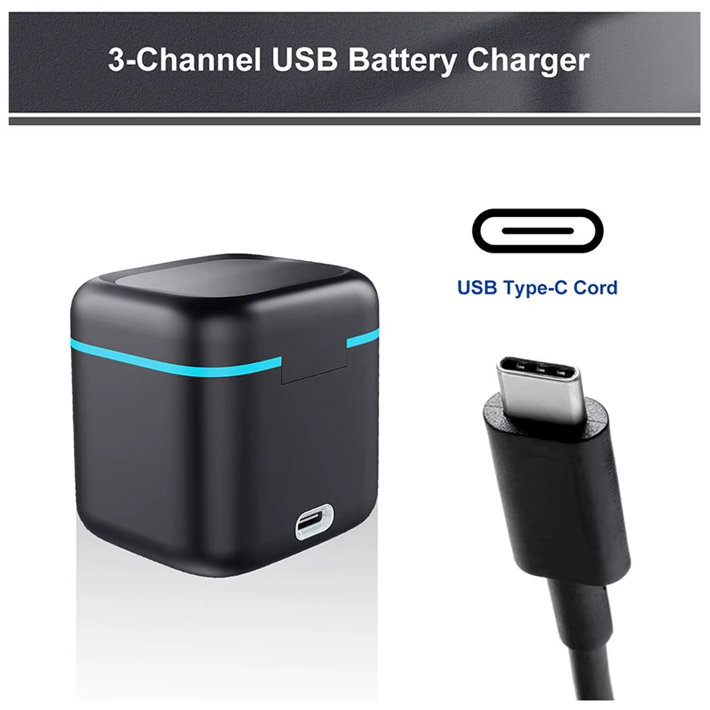 3 Channel Battery Charger Fast Charger with Type C Cable Battery Charger Station for Go Pro Hero 12/11/10/9 Camera Accessories