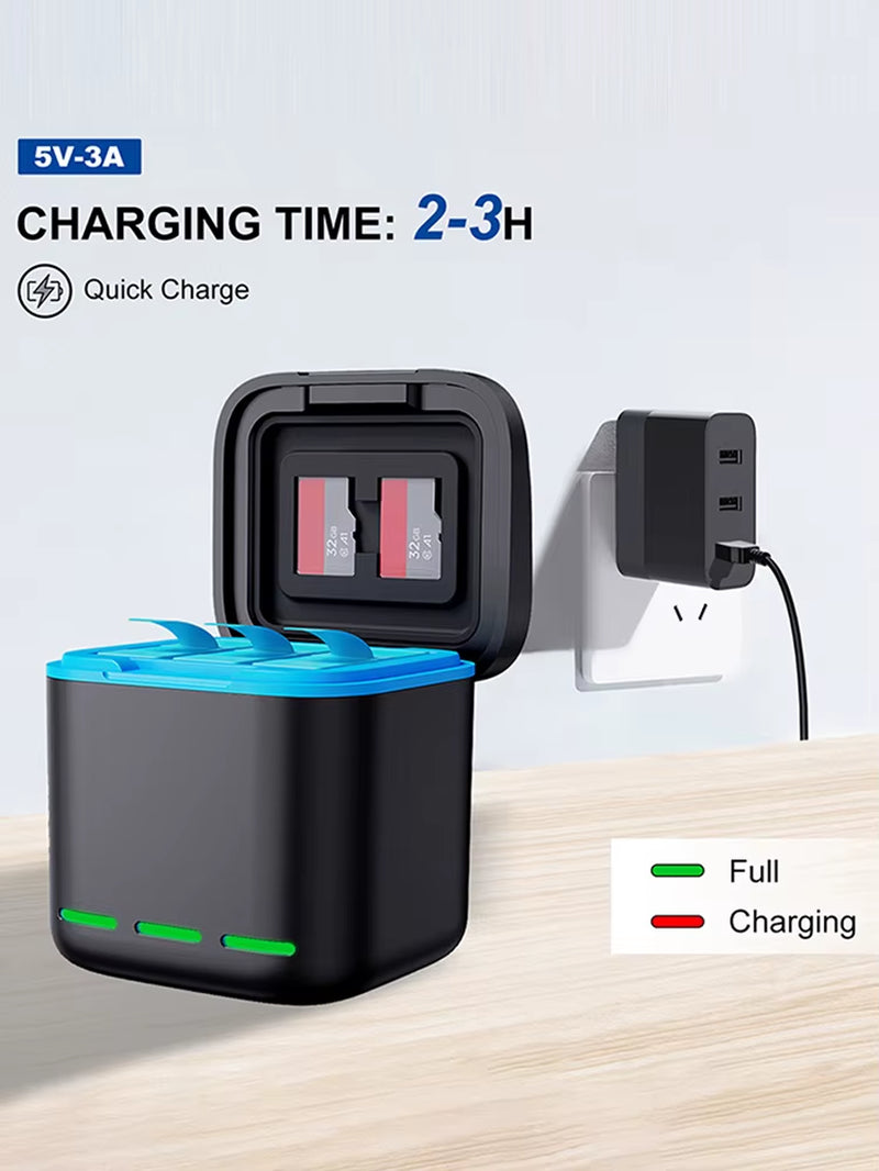 3 Channel Battery Charger Fast Charger with Type C Cable Battery Charger Station for Go Pro Hero 12/11/10/9 Camera Accessories
