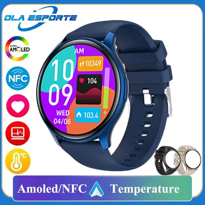 New NFC AMOLED Smartwatch Men Women Thermometer BT Wireless Call Voice Assistant GPS Sports Fitness Smartwatch for Android IOS